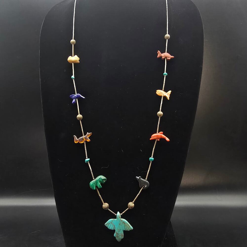 Sterling Silver Carved Zuni Fetish Necklace Thunderbird Gemstone Animals